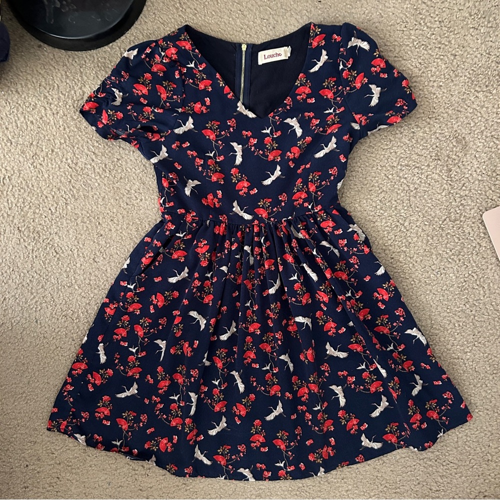 Louche Navy Dress with Birds and Fans, V Neck, Back Zipper, Size S, UK 10